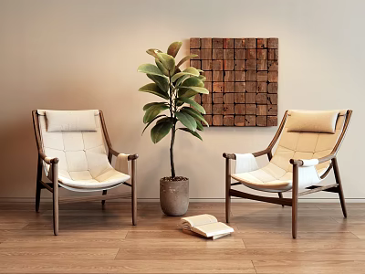 Two Light Leather Lounge Chairs With Wooden Legs And Green Plant On Wooden Floor 3d model