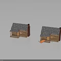 Two Wooden Cabins With Gray Shingle Roof Brick Chimney And Front Porch