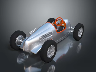 Vintage Silver Race Car With Orange Steering Wheel And Black Tires 3d model