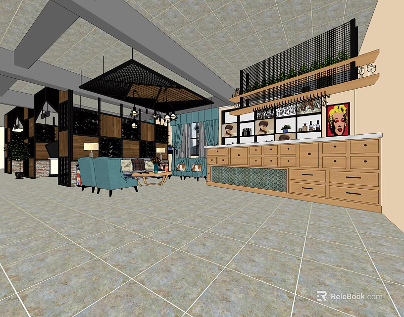 Cozy Cafe Interior Design With Wooden Counter Sofas Green Plants And Paintings 3d model 
