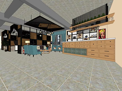 Cozy Cafe Interior Design With Wooden Counter Sofas Green Plants And Paintings 3d model