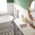 Modern Bathroom Interior With Green Walls White Bathtub Brass Faucet Gray Vanity And Checkered Floor
