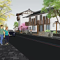 Picturesque Village Street With Stone Path People Walking Traditional Houses Trees And Car