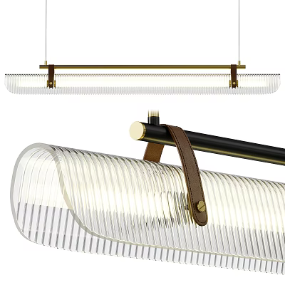 Modern Hanging Chandelier with Ribbed Glass Shade Leather Strap and Metal Frame 3d model