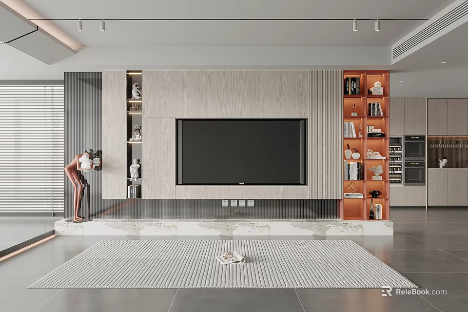 Modern Living Room TV Wall Interior With Wooden Panels And Storage Shelves 3d model 