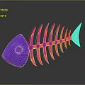 Purple Fish Skeleton 3D Rendering with Glossy Surface and Reflection on Dark Background 3d model