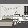 Cozy Kids Room With Beige Bed Cloud Decorations Bunting Flags Bookshelf Desk And Toys