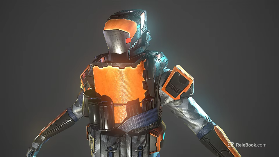 Futuristic Orange Black Armored Character Battling Alien Creature In Sci Fi Scene 3d model 