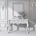 Elegant Console Table with Floral Vase Wall Sconces and Decorative Painting Details