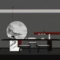 Modern Tea Room Interior Design With Round Landscape Painting Wooden Long Table And Black Stools