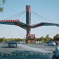 Shanghai Changzheng International Commercial Center Modern Entrance Gate With Wing Shaped Canopy And Vehicles