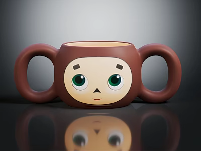 Adorable Brown Kids Mug With Two Handles Monkey Face And Green Eyes Design 3d model