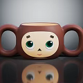 Adorable Brown Kids Mug With Two Handles Monkey Face And Green Eyes Design