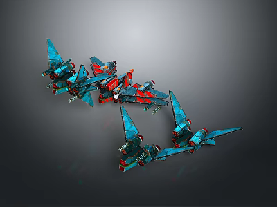 Futuristic Blue And Red Mechanical Aircraft With Wing Structures In Formation 3d model