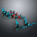 Futuristic Blue And Red Mechanical Aircraft With Wing Structures In Formation