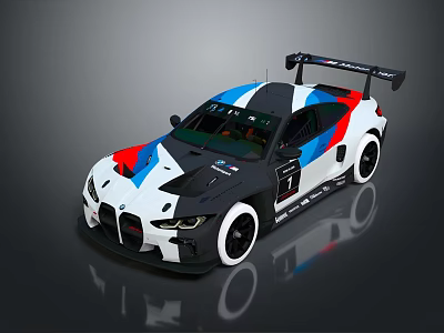 BMW Racing Car With Blue Red White Livery And Aerodynamic Rear Wing Design 3d model