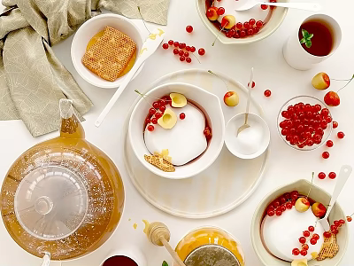 Delicious Cream Dessert Topped With Honey Red Currants And Lemon Slices On White Table 3d model