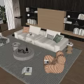 Modern Living Room Sofa Coffee Table Set With Natural Light Potted Plant And Bookshelf