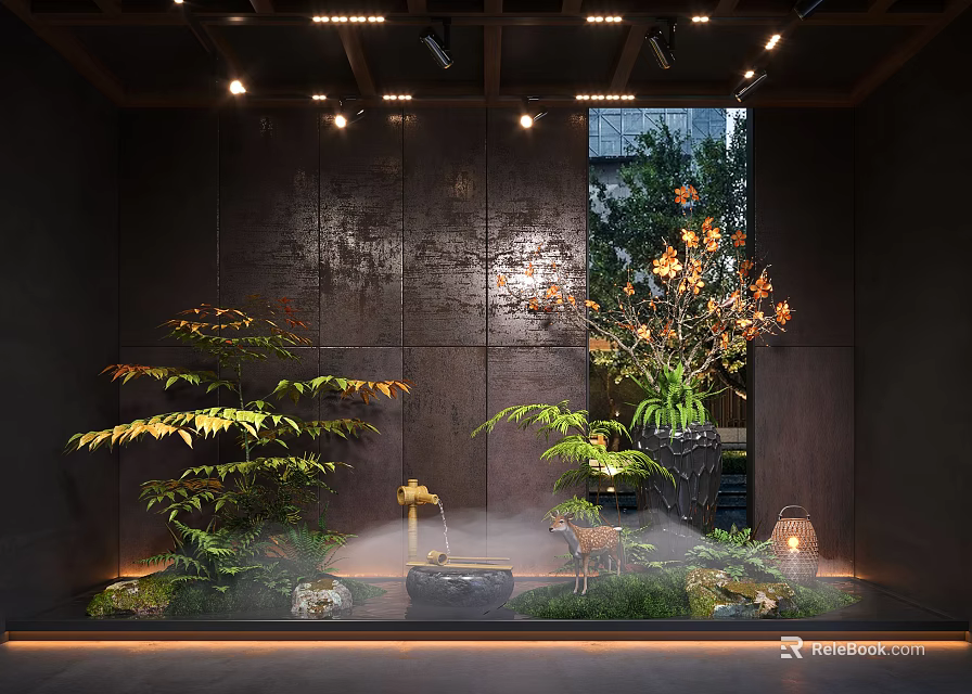 Natural Indoor Landscape With Lush Green Plants Ferns Stone Lanterns Water Feature And Wooden Ceiling 3d model 