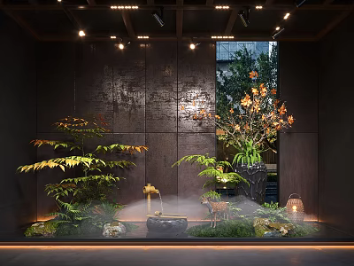 Natural Indoor Landscape With Lush Green Plants Ferns Stone Lanterns Water Feature And Wooden Ceiling 3d model