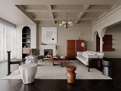 Modern Living Room Interior With Dark Wood Floors Fireplace Sofa And Chandelier 3d model