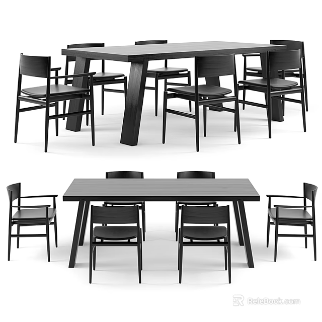 Modern Black Dining Table Set With Six Chairs And Minimalist Design 3d model