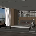 Double Bed With Vertical Striped Headboard Plush Pillows Modern Wardrobe Accent Chair And City View