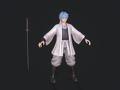 Anime Style Character With Blue Hair White Kimono Coat And Samurai Sword 3d model