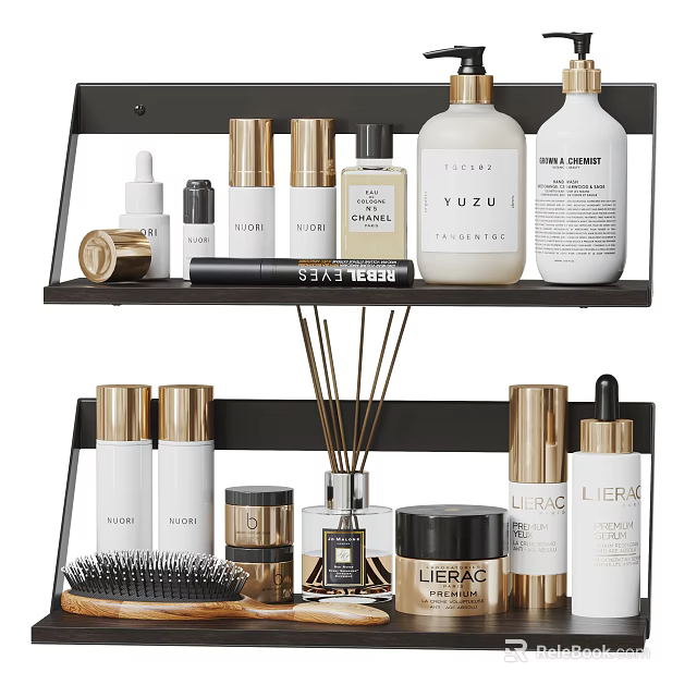 Elegant Perfume And Cosmetics Display On Black Two Tiered Shelf With Bottles And Jars 3d model 