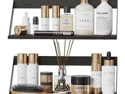 Elegant Perfume And Cosmetics Display On Black Two Tiered Shelf With Bottles And Jars 3d model