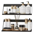 Elegant Perfume And Cosmetics Display On Black Two Tiered Shelf With Bottles And Jars