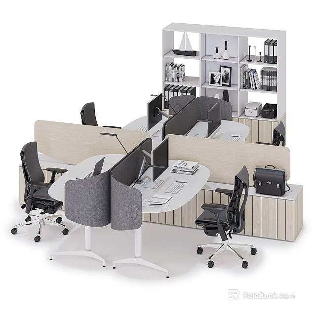 Modern Office Desk and Chair Set with Partition Screens Computers and Bookshelves 3d model 
