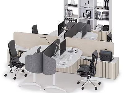 Modern Office Desk and Chair Set with Partition Screens Computers and Bookshelves 3d model