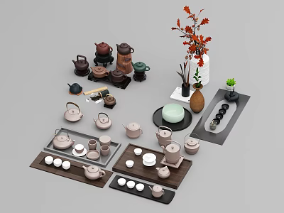 Elegant Tea Set Collection With Teapots Cups Trays And Decorative Plants 3d model