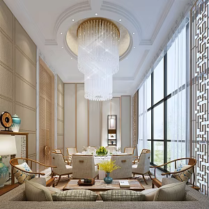 New Chinese-style private room dining large box room round table dining chair crystal lamp 3d model