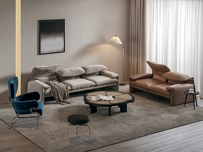 Modern Living Room Interior With Gray Sofa Brown Armchair Blue Chair Floor Lamp And Rug 3d model