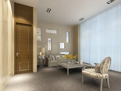 Elegant Private Box Interior Featuring Wooden Door Sofa Coffee Table And Curtains 3d model