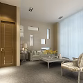 Elegant Private Box Interior Featuring Wooden Door Sofa Coffee Table And Curtains