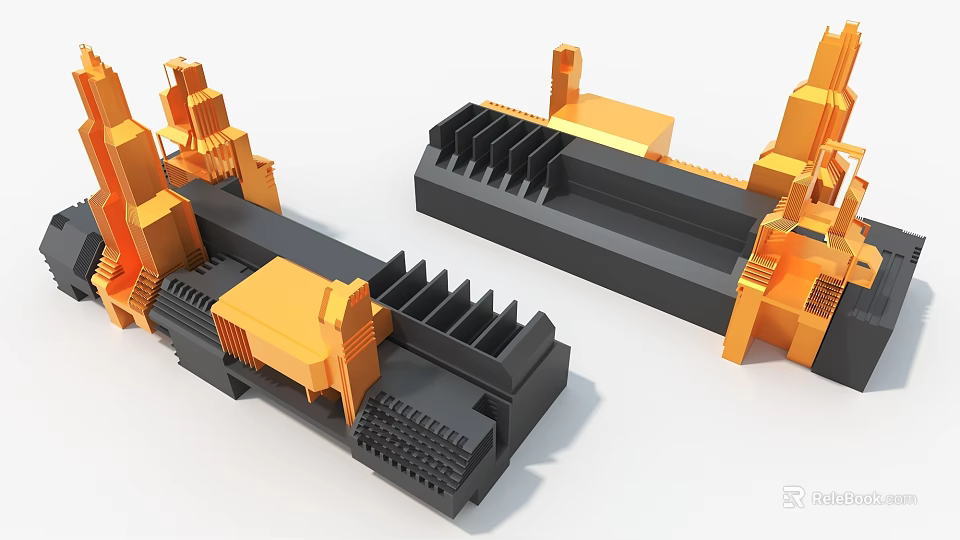 3D Render of Industrial Equipment with Black and Orange Components and Mechanical Structures 3d model 