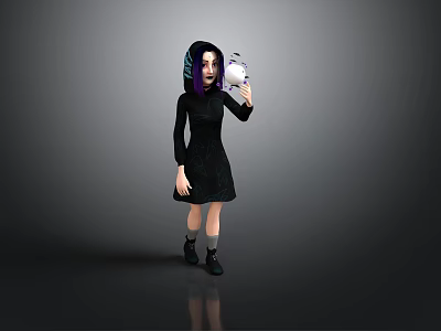 Girl With Purple Hair In Black Hooded Dress Holding White Sphere 3d model