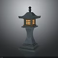 Japanese Stone Lantern Decorative Furniture With Green Roof Square Body Orange Light And Pedestal Base