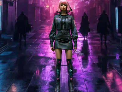 Pink Haired Female Game Movie Character With Black Leather Jacket On Neon Rainy Night Street 3d model