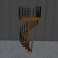 Modern Spiral Staircase With Wooden Steps And Metal Railings Against Gray Paneled Walls