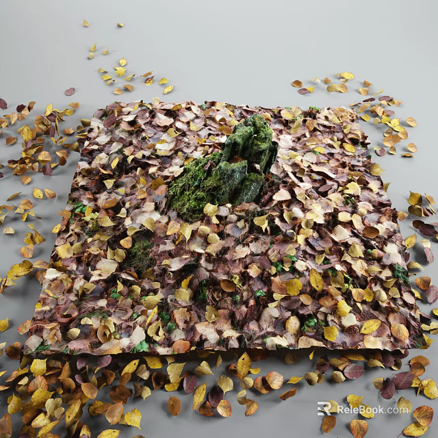 Fallen Leaves Covered Ground Featuring Central Moss Covered Rock In Autumn 3d model