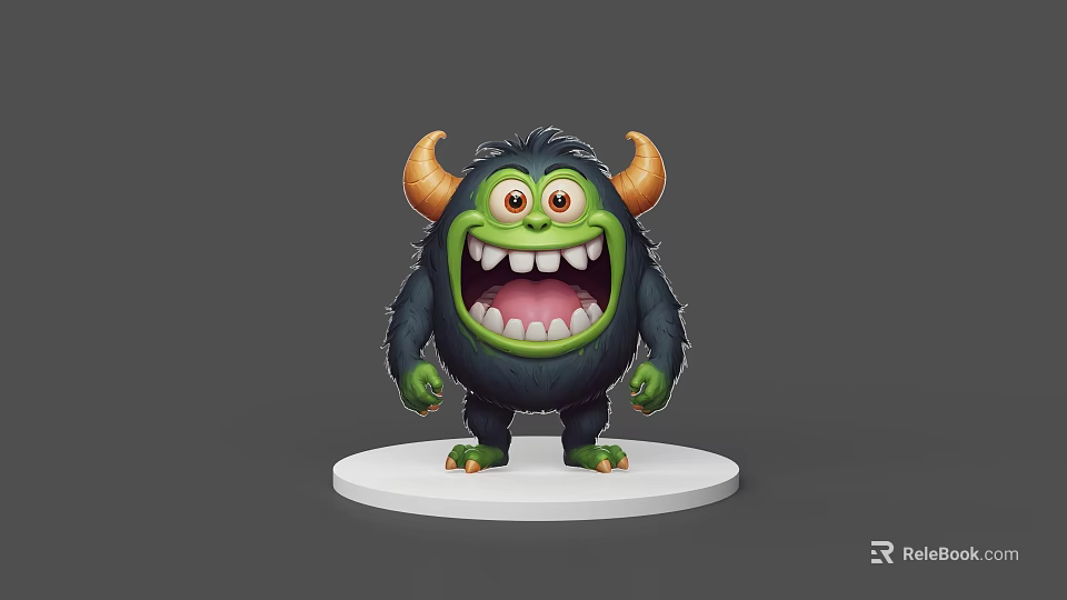 Green Monster Game And Movie Character With Yellow Horns Big Mouth And Sharp Teeth 3d model 