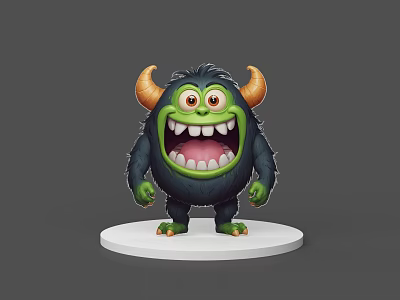 Green Monster Game And Movie Character With Yellow Horns Big Mouth And Sharp Teeth 3d model