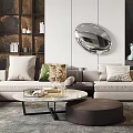 Modern Living And Dining Room With Beige Sofa Round Mirror Green Plants And Dining Table
