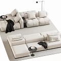 Modern Beige Sectional Sofa With Plush Cushions Throw Blanket And Side Tables 3d model