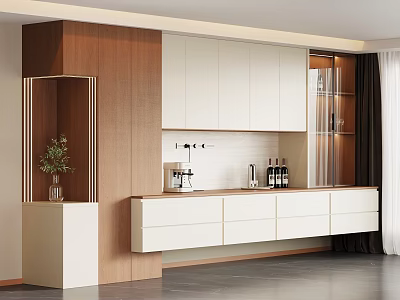 Modern Wooden Wine Cabinet With White Glass Doors And Decorative Plant 3d model