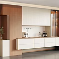 Modern Wooden Wine Cabinet With White Glass Doors And Decorative Plant
